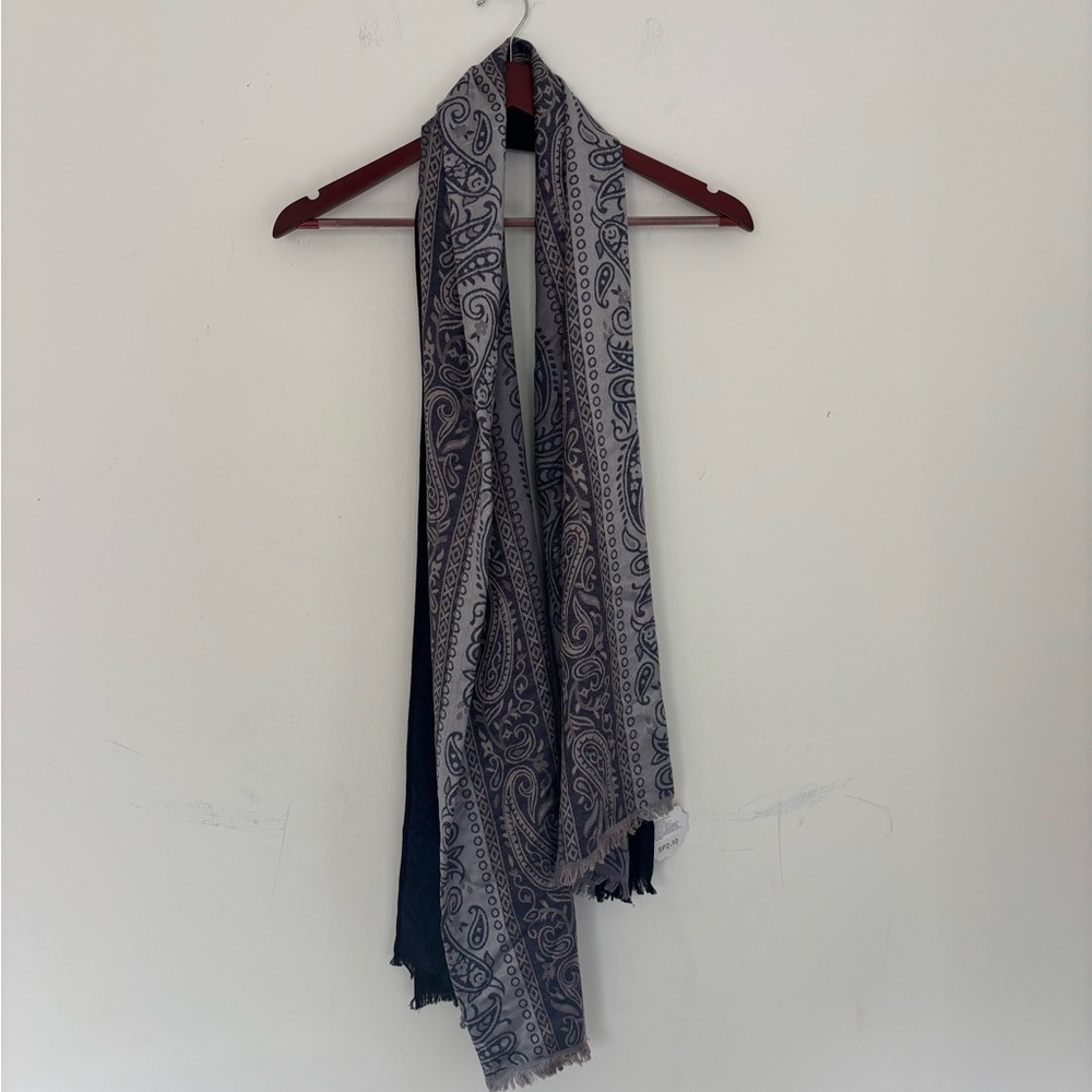 Paisley Patterned Silk Scarf — Navy and Silver — NWT